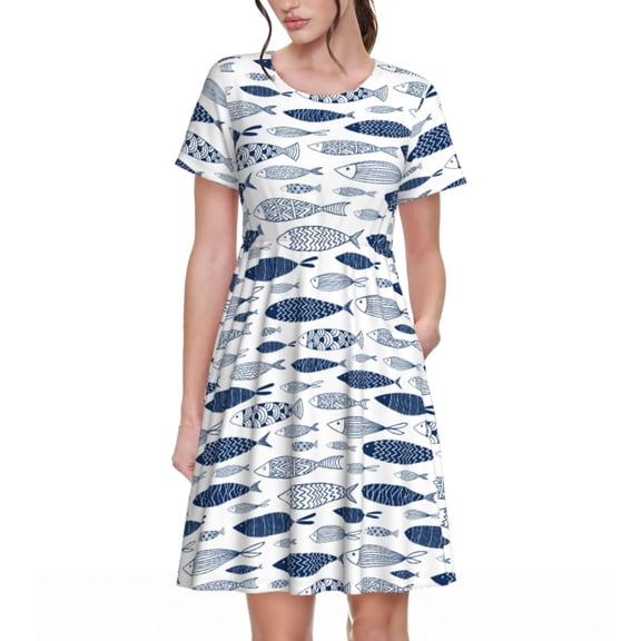 Rateoe Blue Fish Pattern Women’s Short Sleeve Dress – Casual Elegant Summer A-Line Dress for Everyday Wear