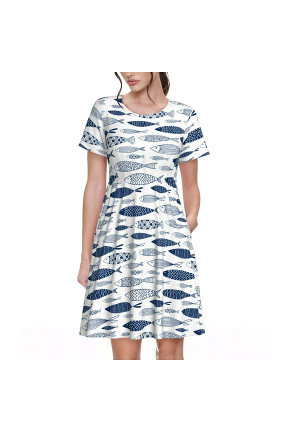 Blue Fish Pattern Women’s Short Sleeve Dress – Casual Elegant Summer A-Line Dress for Everyday Wear