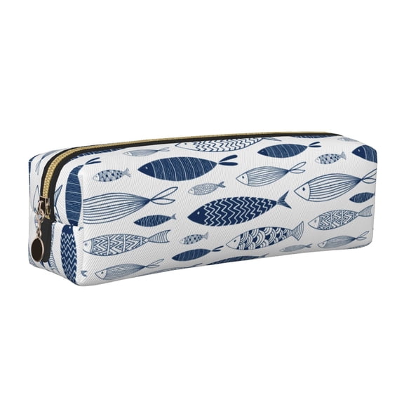Rateoe Blue Fish Print Leather Pencil Case with Smooth Zipper, Compact Storage for Writing Tools & Art Supplies, 8.26" x 1.96" x 2.16"