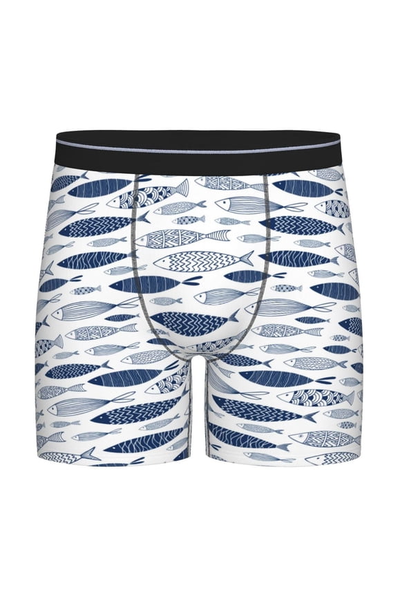 Blue Fish Print Men’s Underwear Boxer Briefs Soft Comfortable Underwear Boxer Briefs, Long Leg Briefs,Anti-chafing Boxer Briefs