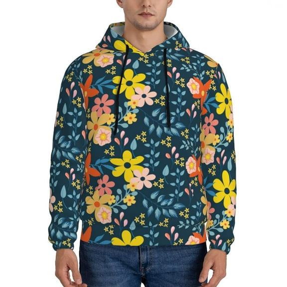 Rateoe Blue Floral Pattern Mens Hoodie, Pullover Hooded Sweatshirt, Kangaroo Pocket Hoodie Ideal for Daily Wear, Travel and Home-X-Large
