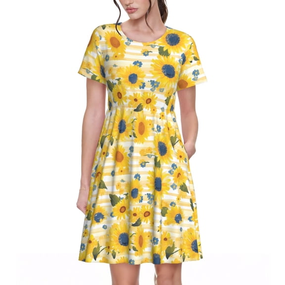 Rateoe Blue Floral Sunflower Pattern Women’s Short Sleeve Dress – Casual Elegant Summer A-Line Dress for Everyday Wear