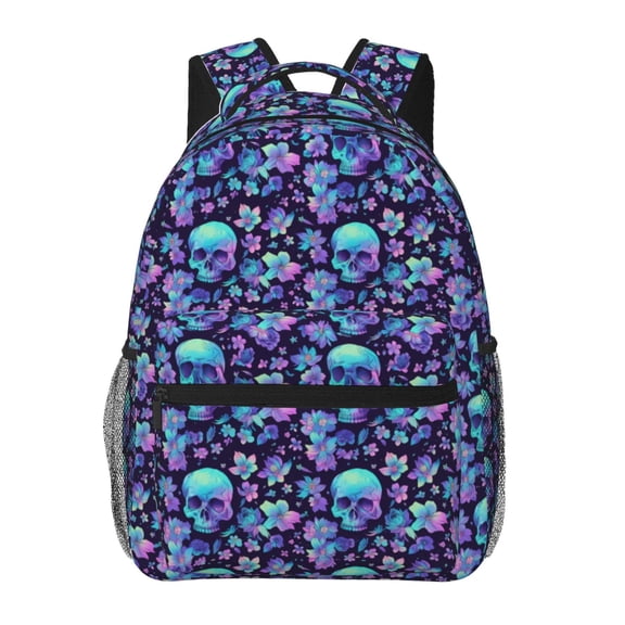 Rateoe Blue Flower Skull Pattern Casual Backpack for School, Work, Travel – Adjustable Straps, Multiple Compartments – Ergonomic Design, Fits Laptops and Tablets
