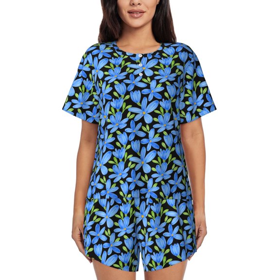 Rateoe Blue Flowers Pattern Women's Short-Sleeved Pajama Set - 2 Piece Soft and Lightweight Sleepwear Set-Medium