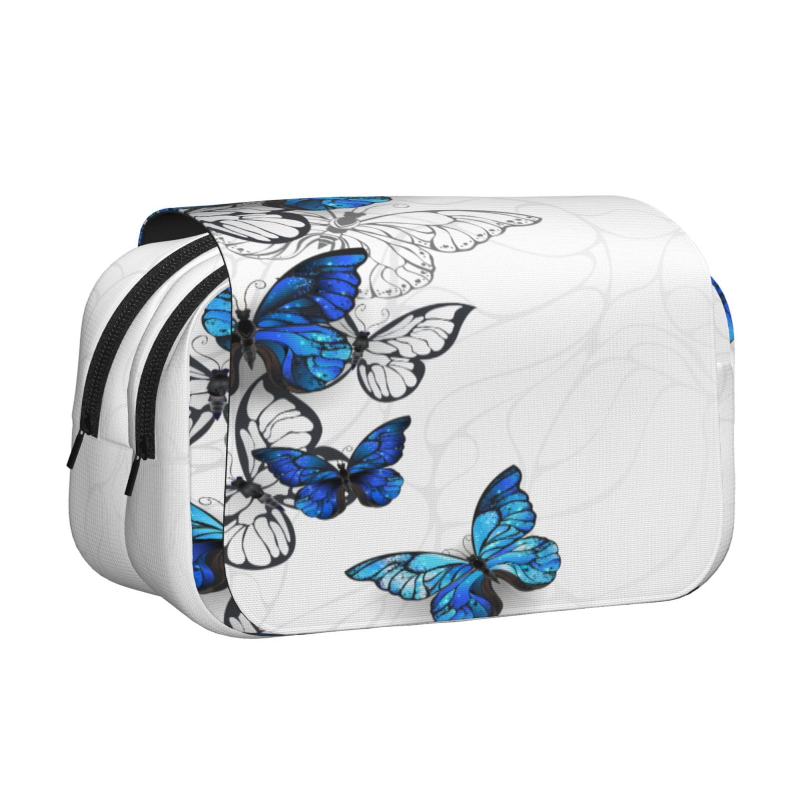Rateoe Blue Flying Butterflies Pattern Double Clamshell Pen Case, Storage Organizer with Two Zipper Compartments– Holds Up to 50 Pencils & Pens