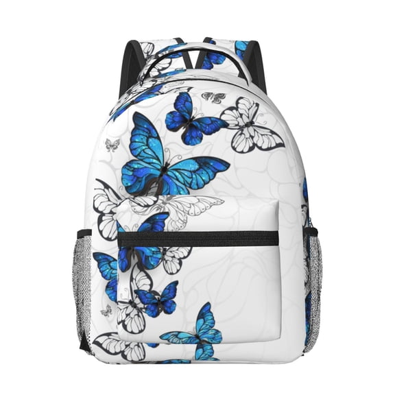 Rateoe Blue Flying Butterflies Pattern Durable Student Backpack Laptop Bag- Ergonomic Design, Waterproof Twill Fabric - Ideal for School, Travel, and Outdoor Activities