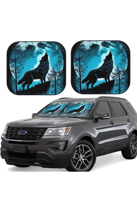 Blue Full Moon Wolf Pattern 2 Piece Car Windshield Sun Shade Foldable | Front Windshield Shade for Sun, Heat and UV Rays | Sunshade for Car Front Window-Medium