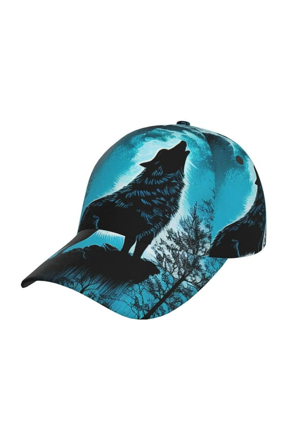 Blue Full Moon Wolf Pattern Baseball Cap Outdoor Cap Mountain Dad Hat - Unstructured Soft Cotton Cap-Adjustable UV Protection Cap