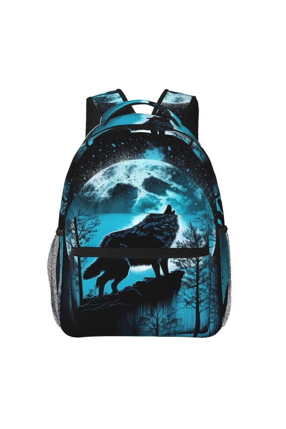 Blue Full Moon Wolf Pattern Casual Backpack for School, Work, Travel Adjustable Straps, Multiple Compartments Ergonomic Design, Fits Laptops and Tablets