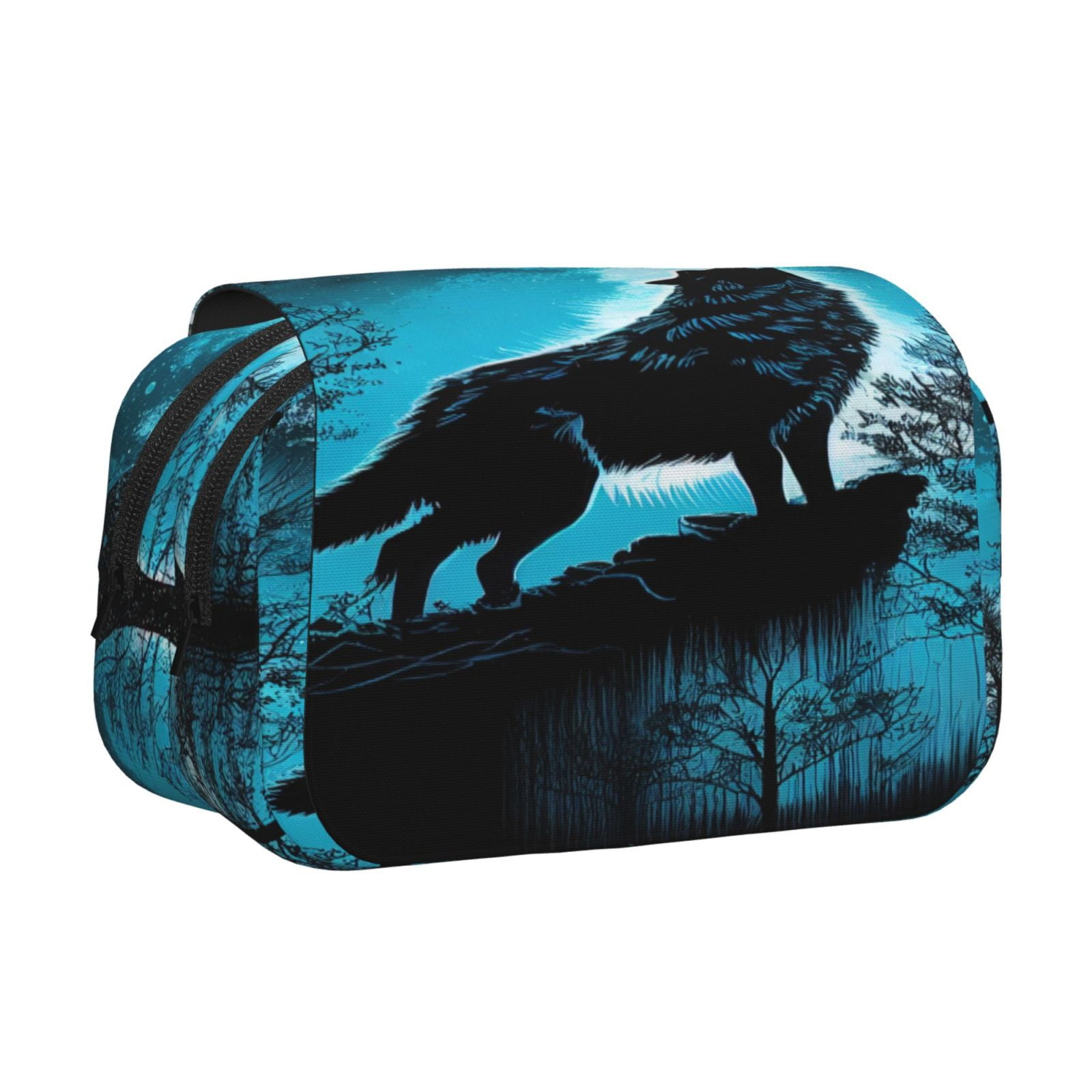 Rateoe Blue Full Moon Wolf Pattern Double Clamshell Pen Case, Storage Organizer with Two Zipper Compartments– Holds Up to 50 Pencils & Pens