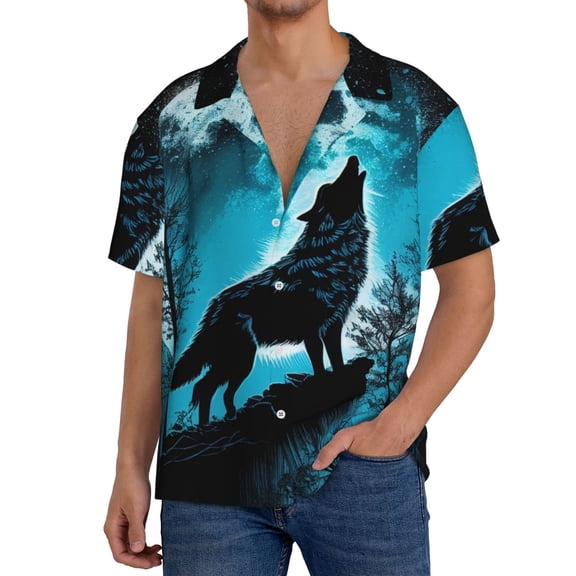 Rateoe Blue Full Moon Wolf Pattern Men's Short Sleeve Classic Shirt, Casual Short-Sleeved Shirt, Lightweight Summer Shirt, Cuban Collar Shirt,Button-Front Shirt-3X-Large