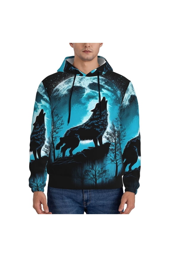 Blue Full Moon Wolf Pattern Mens Hoodie, Pullover Hooded Sweatshirt, Kangaroo Pocket Hoodie Ideal for Daily Wear, Travel and Home-XX-Large