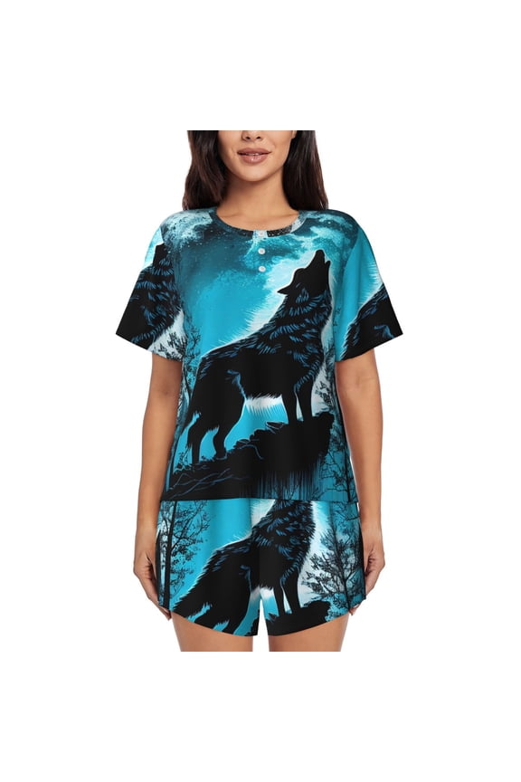 Blue Full Moon Wolf Pattern Women's Short-Sleeved Pajama Set - 2 Piece Soft and Lightweight Sleepwear Set-Medium