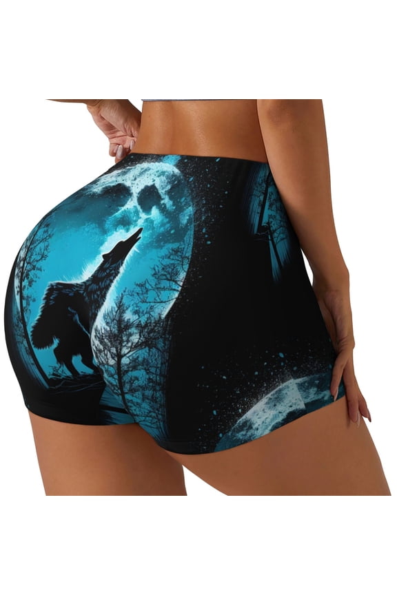 Blue Full Moon Wolf Printed Power Workout Shorts for Women Tummy Control Squat Proof Ribbed Thick Seamless Scrunch Active Short-Large