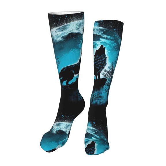 Rateoe Blue Full Moon Wolf print Women's Men's Novelty 20in Crew Socks Cotton Socks Knee High Socks for Walking,Running,Nurses,Pregnancy-One Size