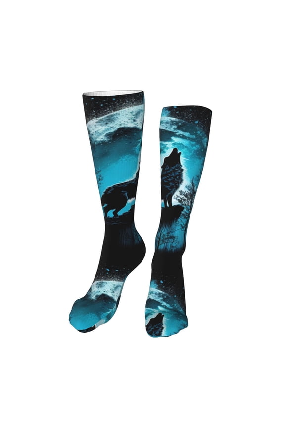 Blue Full Moon Wolf print Women's Men's Novelty 20in Crew Socks Cotton Socks Knee High Socks for Walking,Running,Nurses,Pregnancy-One Size