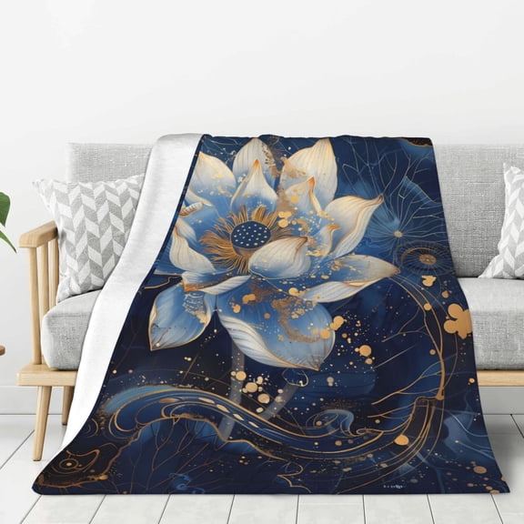 Rateoe Blue Golden Dream Lotus Pattern Flannel Throw Blanket, Ultra-soft Blanket for Bed, Couch, Car, Hypoallergenic Anti-pilling blanket-40"x30"(Vertical)
