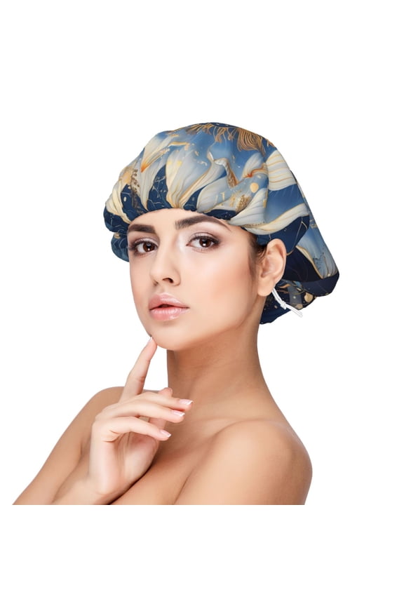 Blue Golden Dream Lotus Pattern Silk Satin Hair Bonnet for Sleeping, Adjustable Sleep Cap Turban for Women , Curly Straight Hair Long Large Braid