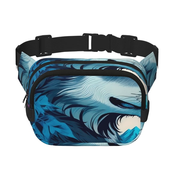 Rateoe Blue Iceberg Leaf Wolf Print Fanny Pack Belt Bag for Women and Men, Square Double-Layer Waterproof Waist Pack with Adjustable Strap for Hiking, Jogging, Cycling