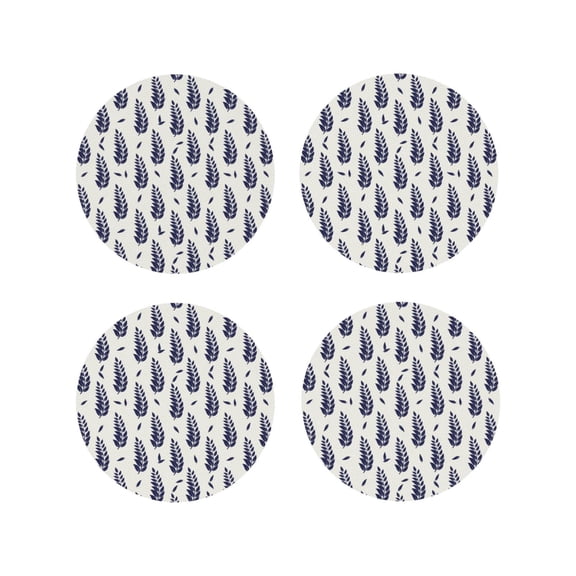 Rateoe Blue Leaves Drawing Drink Coasters Set of 4 Leather Coasters Spill Protection for Table Desk,Durable and Non Slip Leather Coaster ,4 Inches Drink Mats-Round Shape