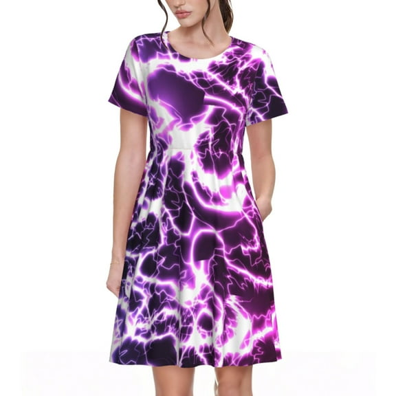 Rateoe Blue Lightning Pattern Women’s Short Sleeve Dress – Casual Elegant Summer A-Line Dress for Everyday Wear