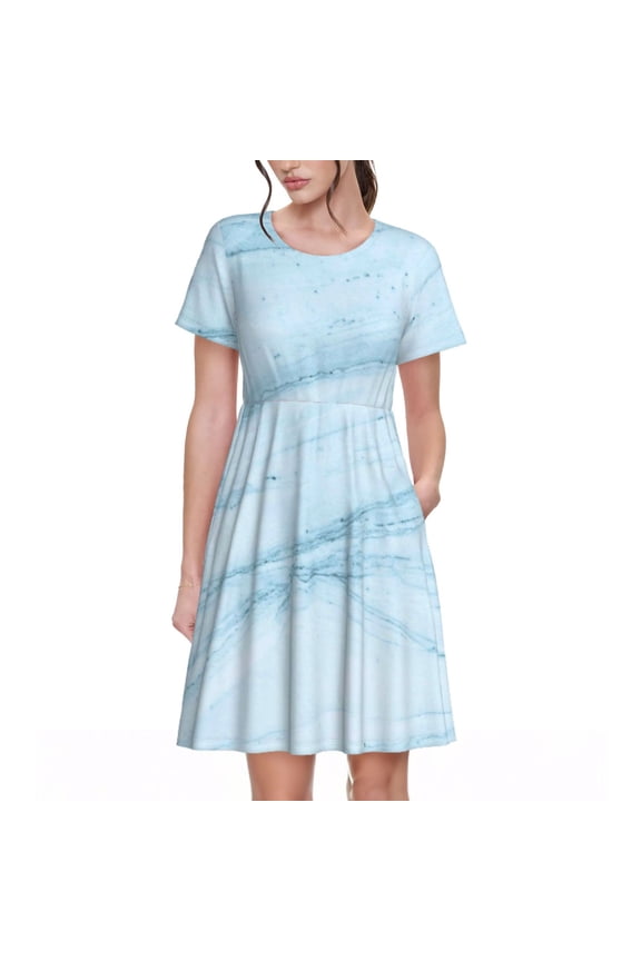Blue Marble Pattern Women’s Short Sleeve Dress – Casual Elegant Summer A-Line Dress for Everyday Wear