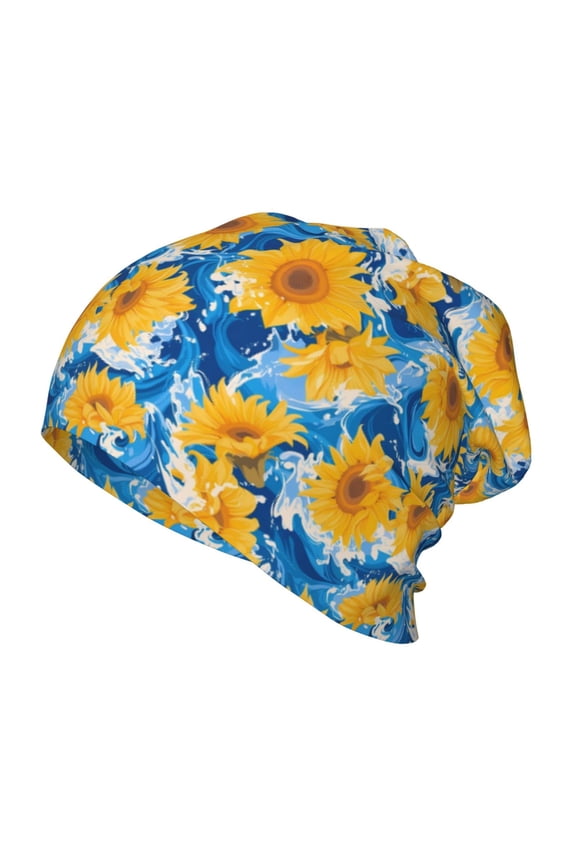 Blue Ocean Wave Sunflower Kids Beanie Warm Knit Beanie Hats Boys Girls Winter Hat Soft Slouchy Hats for Kids