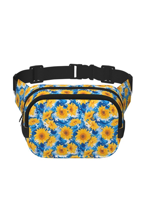 Blue Ocean Wave Sunflower Print Fanny Pack Belt Bag for Women and Men, Square Double-Layer Waterproof Waist Pack with Adjustable Strap for Hiking, Jogging, Cycling