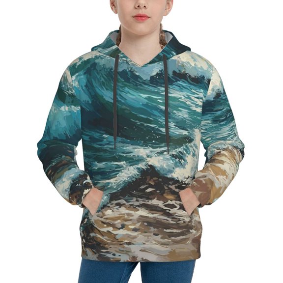 Rateoe Blue Ocean Waves Pattern Boys Hoodie, Youth Pullover Hooded Sweatshirt, Kangaroo Pocket Hoodie for Kids-Large