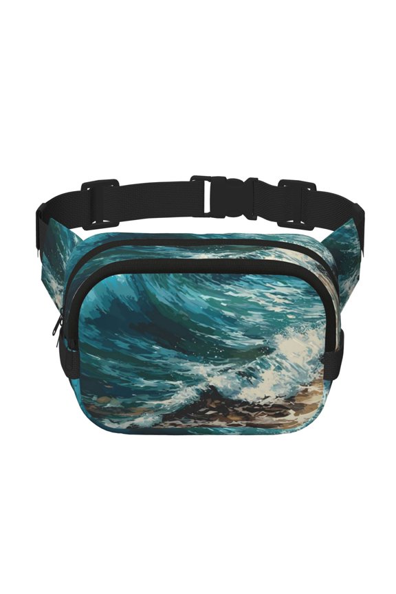 Blue Ocean Waves Print Fanny Pack Belt Bag for Women and Men, Square Double-Layer Waterproof Waist Pack with Adjustable Strap for Hiking, Jogging, Cycling