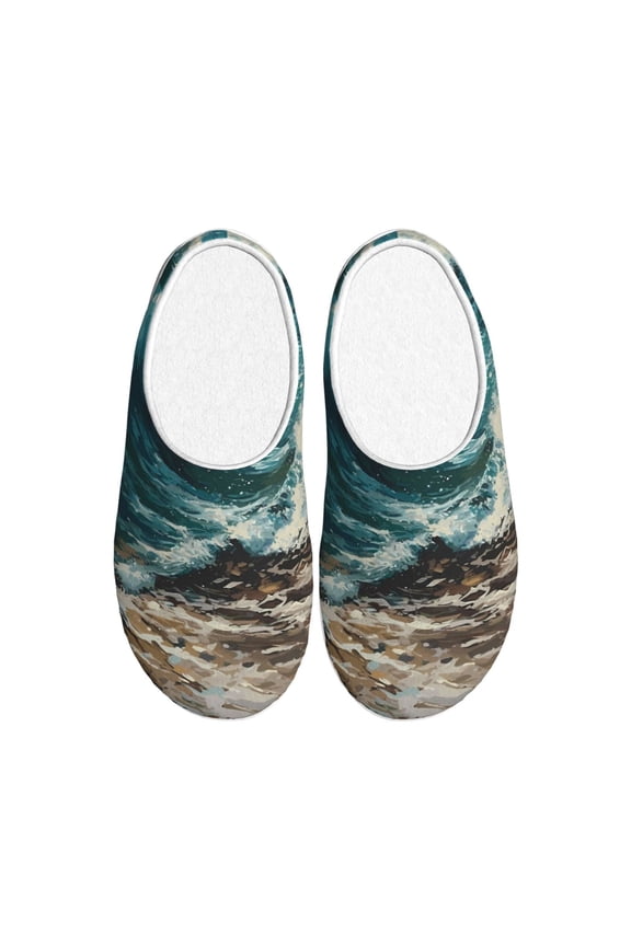Blue Ocean Waves Print Women's Men's Cotton Knit Slippers Lightweight Memory Foam Indoor House Shoes with Anti-Skid Sole-46/47