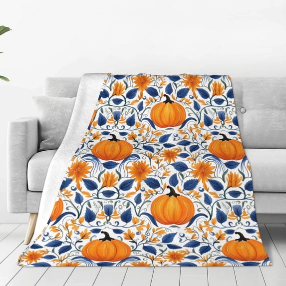 Rateoe Blue Orange Pumpkin fall Print Fuzzy Fleece Throw Blanket Extra Large,Super Soft,Fluffy and Warm Blankets for Couch,Bed,All Season Use (40"x30")