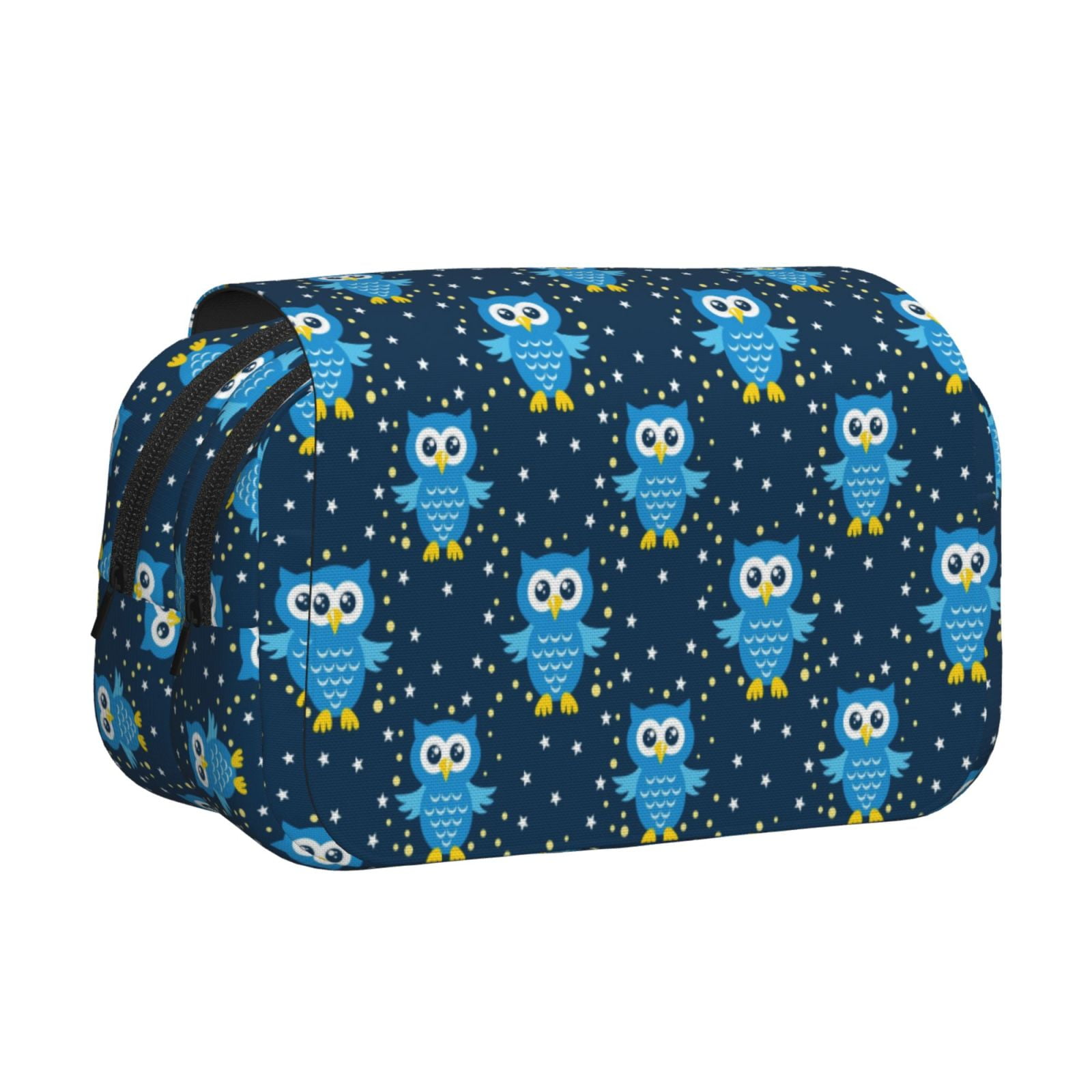 Rateoe Blue Owl Pattern Double Clamshell Pen Case, Storage Organizer with Two Zipper Compartments– Holds Up to 50 Pencils & Pens