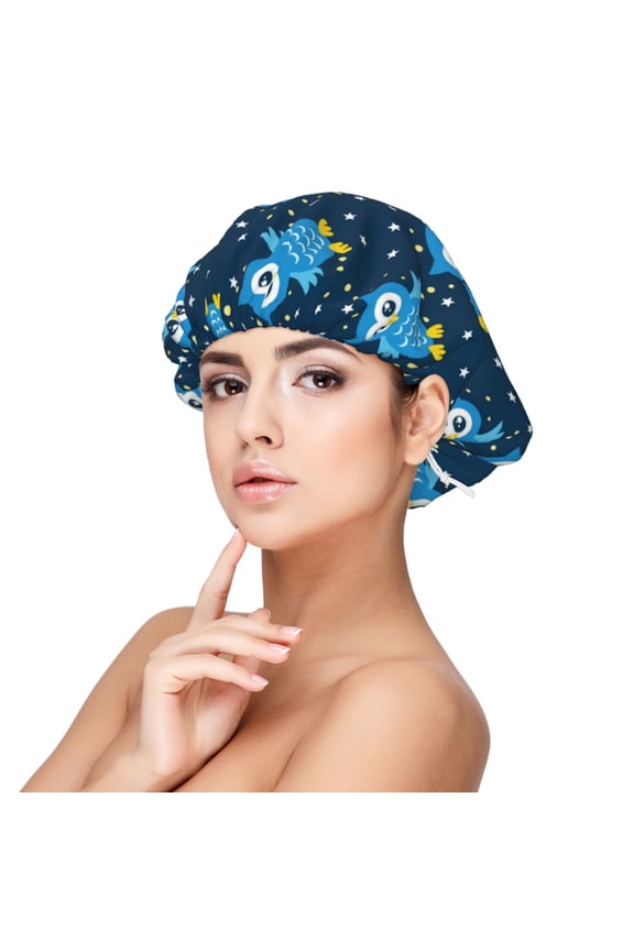 Blue Owl Pattern Silk Satin Hair Bonnet for Sleeping, Adjustable Sleep Cap Turban for Women , Curly Straight Hair Long Large Braid