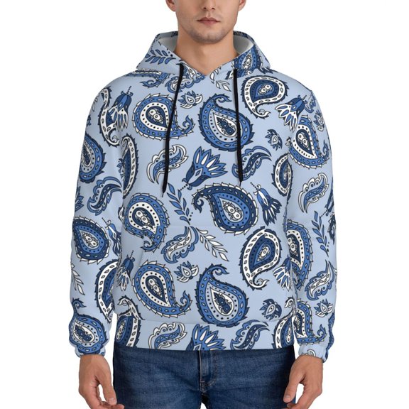 Rateoe Blue Paisley Pattern Vintage Pattern Mens Hoodie, Pullover Hooded Sweatshirt, Kangaroo Pocket Hoodie Ideal for Daily Wear, Travel and Home-Small