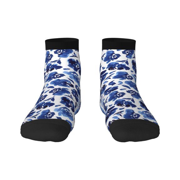 Rateoe Blue Roses Pattern Quarter Crew Socks,Toe Seamed Ankle Socks,Cotton Cushioned Breathable Athletic Crew Sports Socks