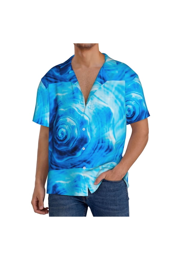 Blue Shell Pattern Men's Short Sleeve Classic Shirt, Casual Short-Sleeved Shirt, Lightweight Summer Shirt, Cuban Collar Shirt,Button-Front Shirt-Small