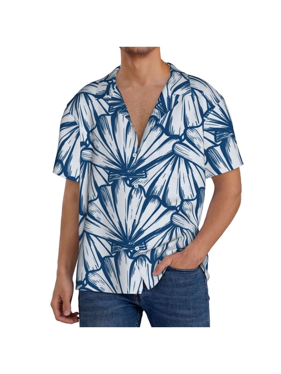 Blue Shells Print Mens Front Pocket Hawaiian Shirts Casual Shirts Short Sleeve Button Down Beach Tropical Shirts-Medium