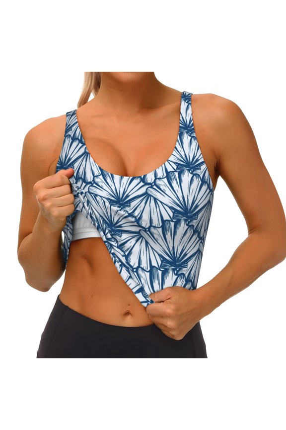 Blue Shells Print Womens' Sports Bras Scoop Neck Sports Vest- Padded U Back Seamless High Impact Support