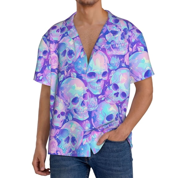 Rateoe Blue Skull Daisy Print Mens Front Pocket Hawaiian Shirts Casual Shirts Short Sleeve Button Down Beach Tropical Shirts-XX-Large