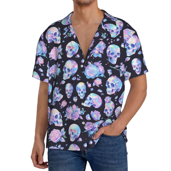 Rateoe Blue Skull Flower Print Mens Front Pocket Hawaiian Shirts Casual Shirts Short Sleeve Button Down Beach Tropical Shirts-3X-Large