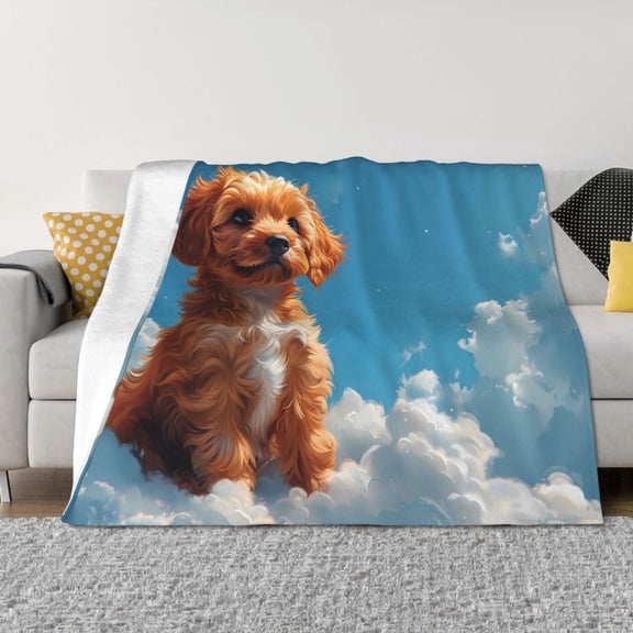 Rateoe Blue Sky Cloud Puppy Pattern Flannel Throw Blanket, Ultra-soft Blanket for Bed, Couch, Car, Hypoallergenic Anti-pilling blanket-