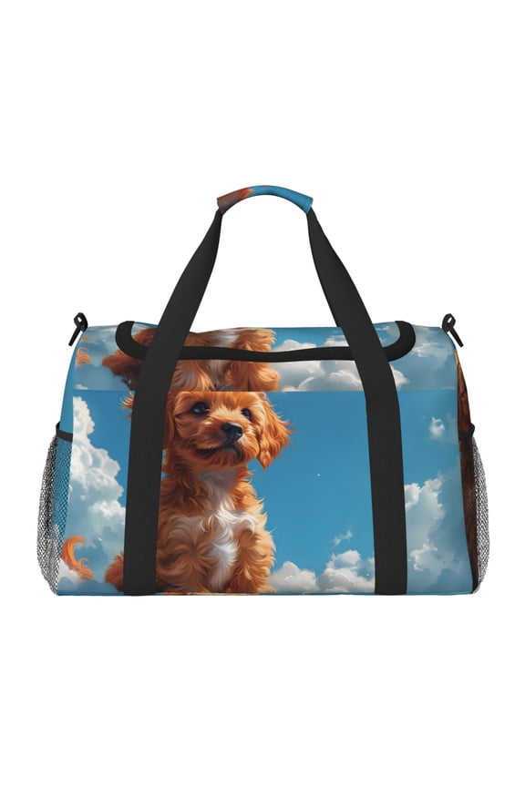 Blue Sky Cloud Puppy Pattern Gym Bag for Women, Duffle Bag for Travel with Wet Pocket, Carry on Weekender Bags for Women, Water Resistant Travel Bag Duffel Bag