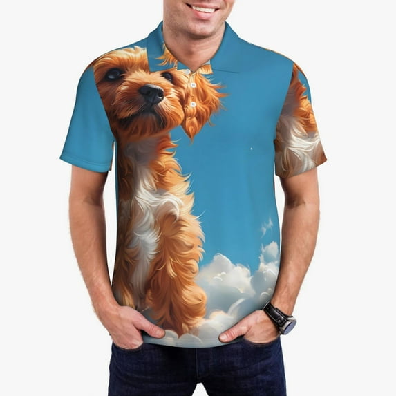 Rateoe Blue Sky Cloud Puppy Pattern Men's Short Sleeve Polo Shirts, Golf Polo Shirts Short Sleeve Performance Moisture Wicking Dry-3X-Large