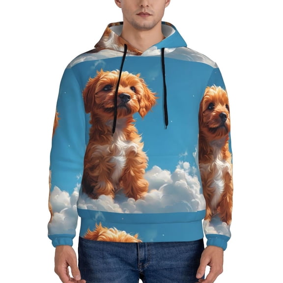 Rateoe Blue Sky Cloud Puppy Pattern Mens Hoodie, Pullover Hooded Sweatshirt, Kangaroo Pocket Hoodie Ideal for Daily Wear, Travel and Home-Medium