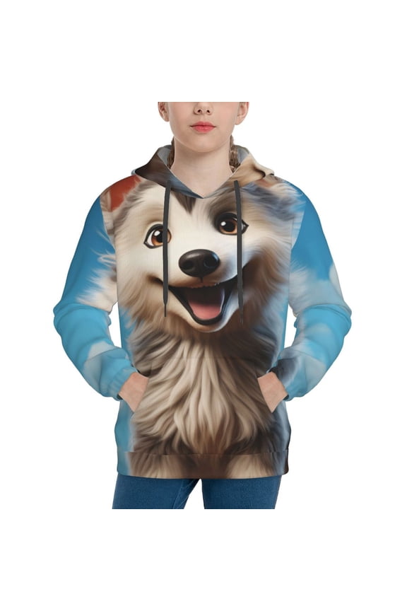 Blue Sky Cute Wolf Pattern Boys Hoodie, Youth Pullover Hooded Sweatshirt, Kangaroo Pocket Hoodie for Kids-Large