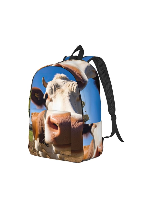 Blue Sky Meadow Cute Cow Pattern Durable Canvas Backpack for Men & Women – Stylish & Lightweight – Adjustable Straps, Multiple Pockets – Fits 15-17 Inch LaptopsSmall