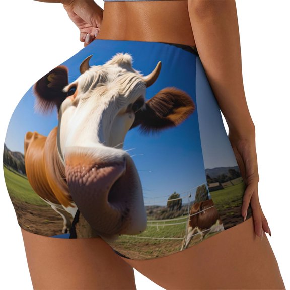 Rateoe Blue Sky Meadow Cute Cow Printed Power Workout Shorts for Women Tummy Control Squat Proof Ribbed Thick Seamless Scrunch Active Short-Small