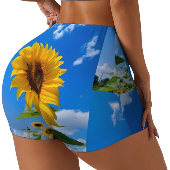 Rateoe Blue Sky Sunflower Printed Power Workout Shorts for Women Tummy Control Squat Proof Ribbed Thick Seamless Scrunch Active Short-XX-Large