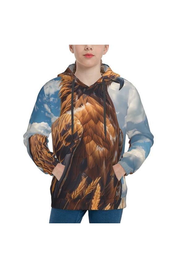 Blue Sky White Cloud Eagle Pattern Boys Hoodie, Youth Pullover Hooded Sweatshirt, Kangaroo Pocket Hoodie for Kids-Large